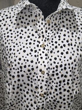 Talbots White Button-Down Shirt with Black and Gold Spot Print Business Casual
